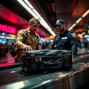 Beschädigter Koffer auf Gepäckband, Passagier zeigt Schaden, Polizei im Hintergrund – Flugreise, Schadensersatz, Gepäck.